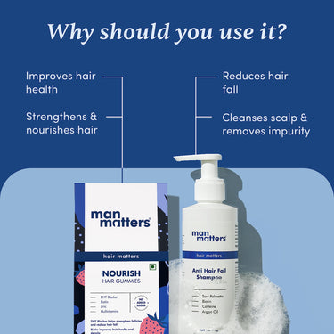 Man Matters Anti Hair Fall Shampoo and Biotin Hair Gummies | Strengthens and Smoothen your hair | Pack of 200ml Shampoo and 30 Gummies